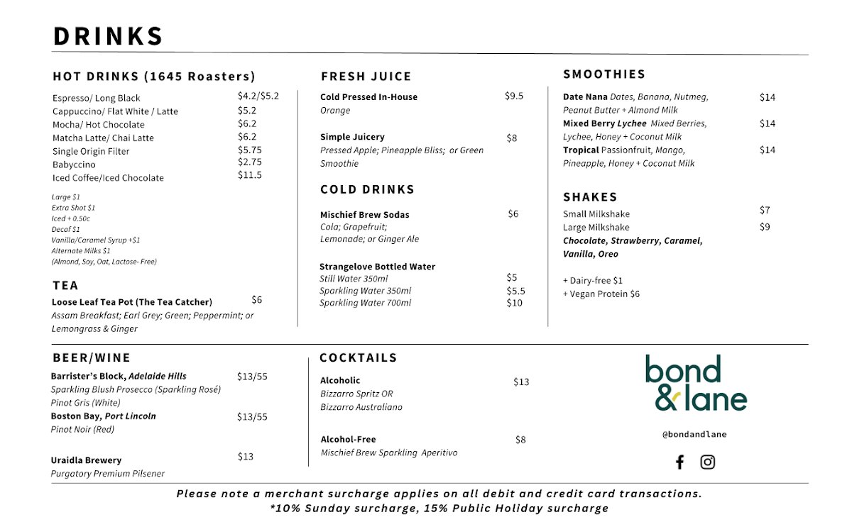 Menu, Bond and Lane
