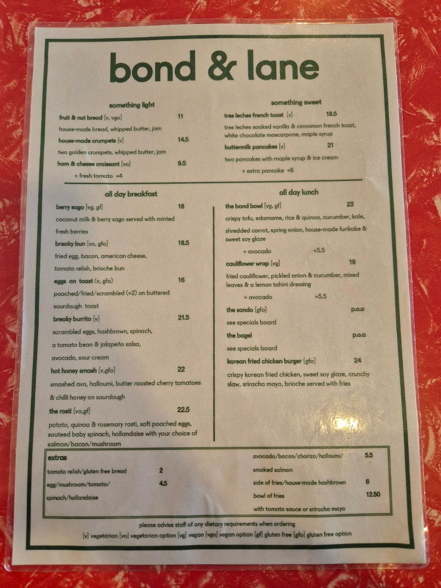 Menu, Bond and Lane