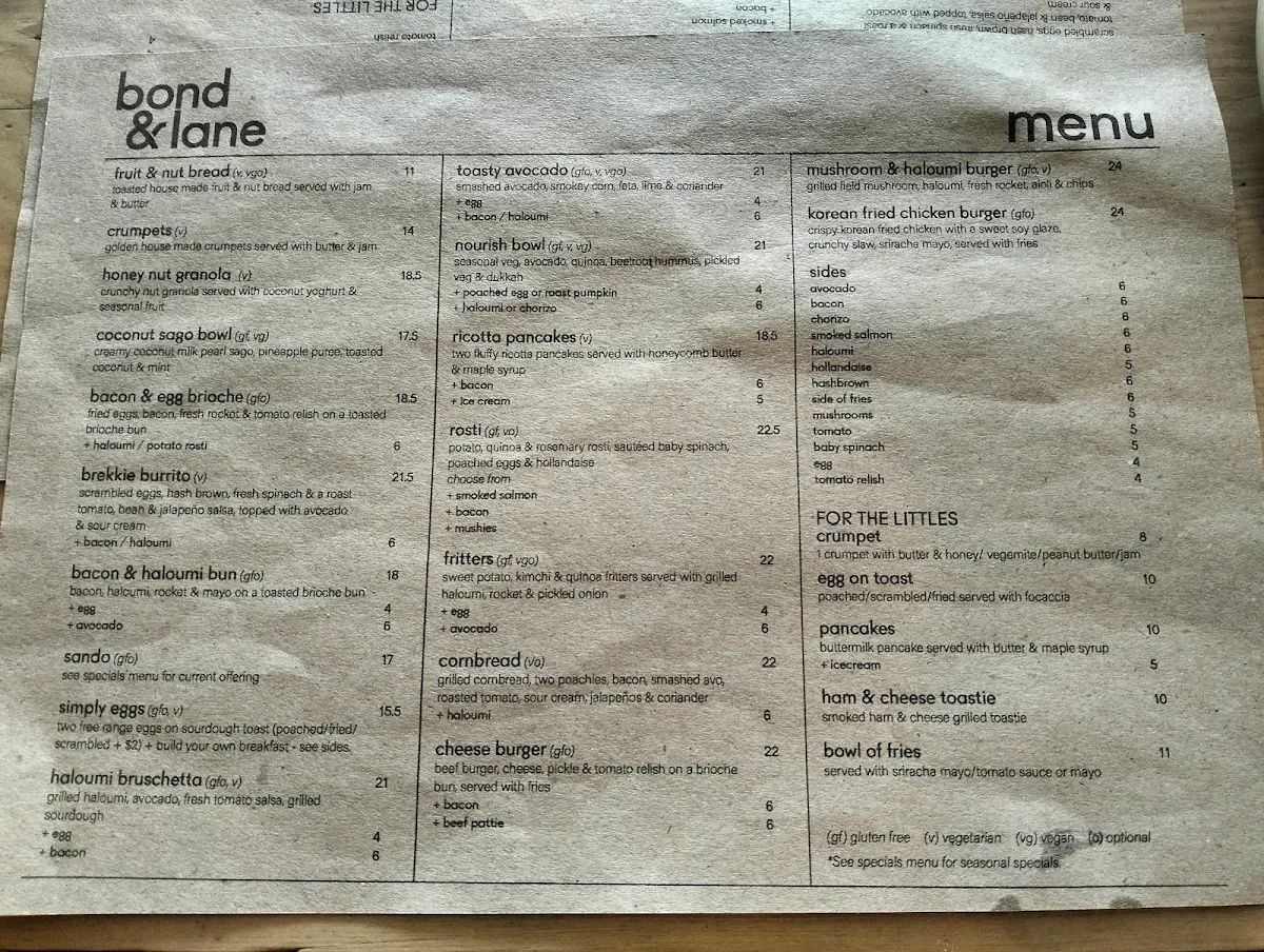 Menu, Bond and Lane