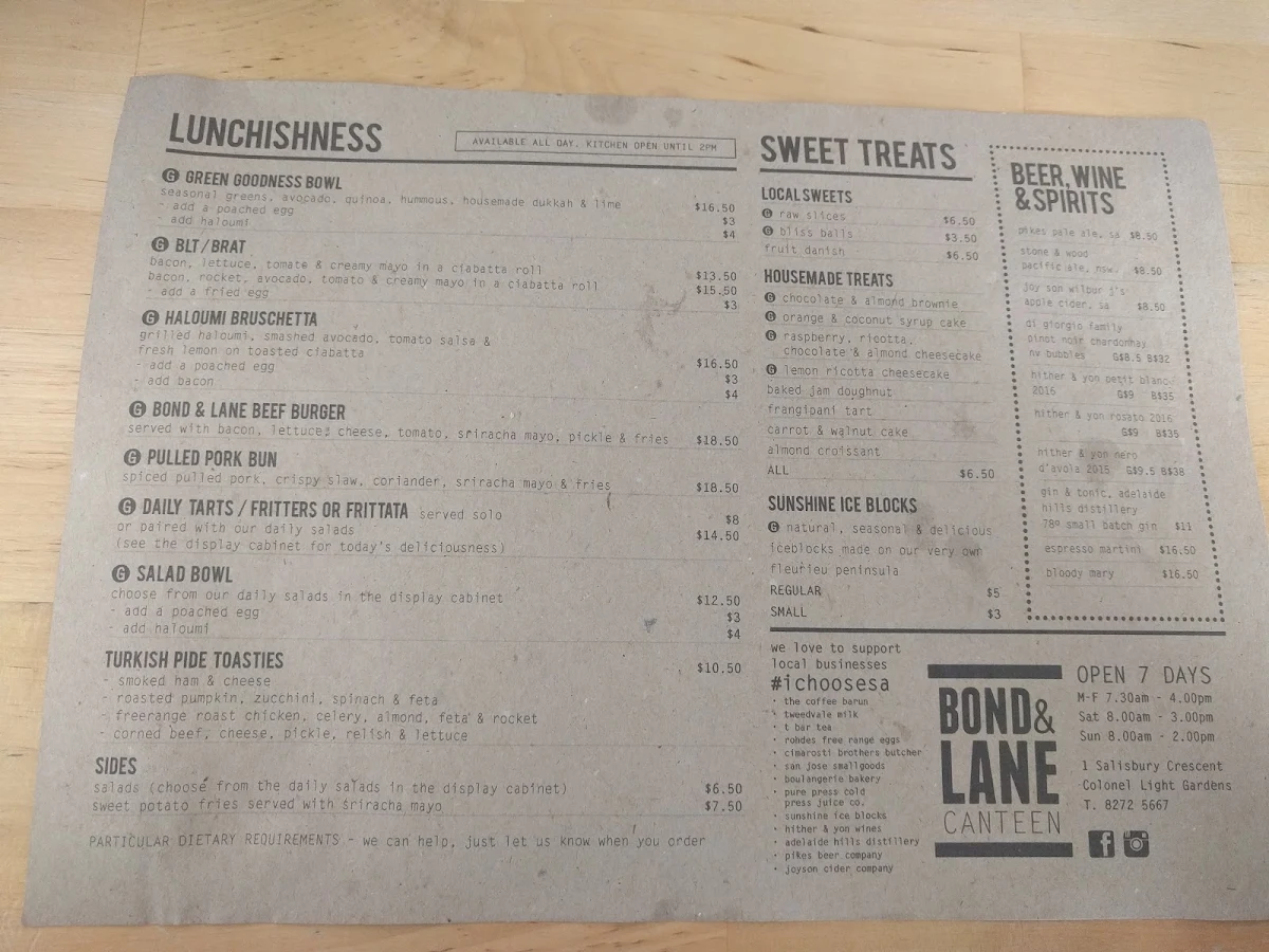 Menu, Bond and Lane