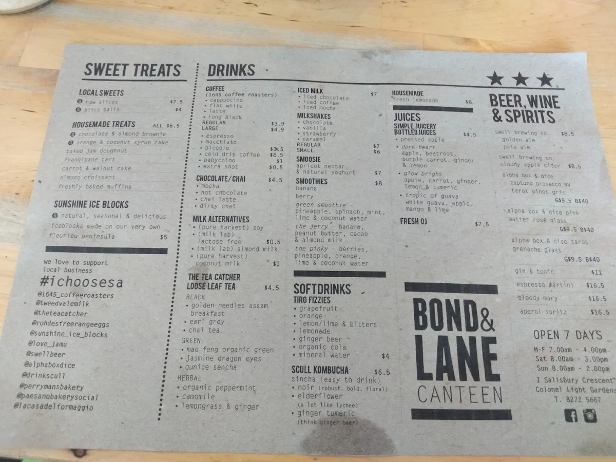 Menu, Bond and Lane