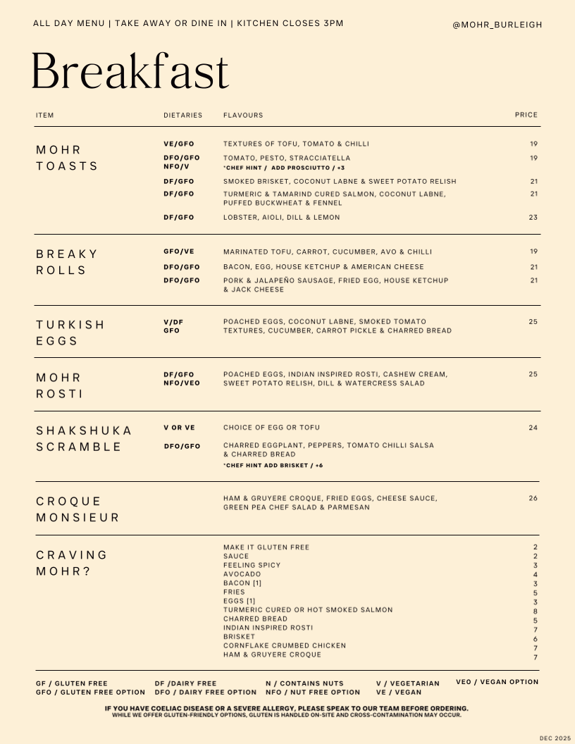 Menu, Mohr Cafe & Deli