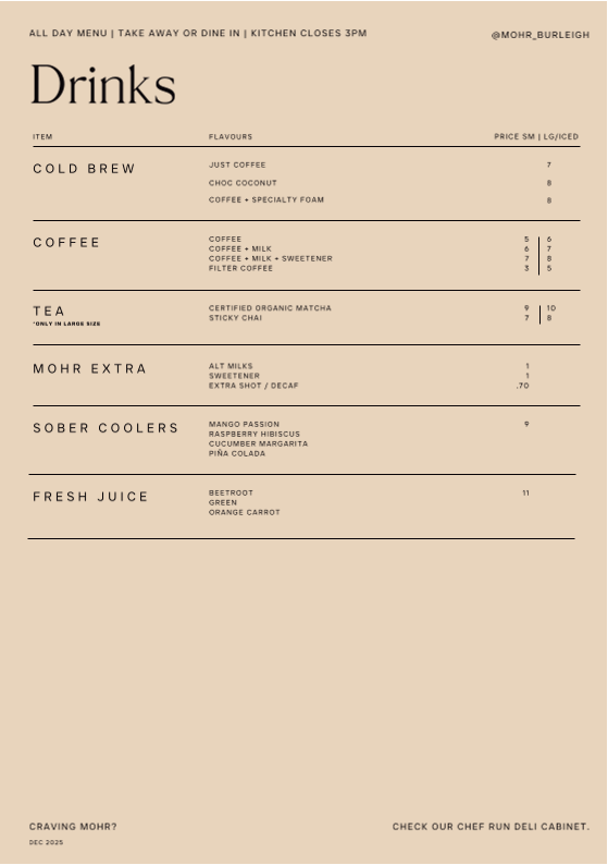 Menu, Mohr Cafe & Deli
