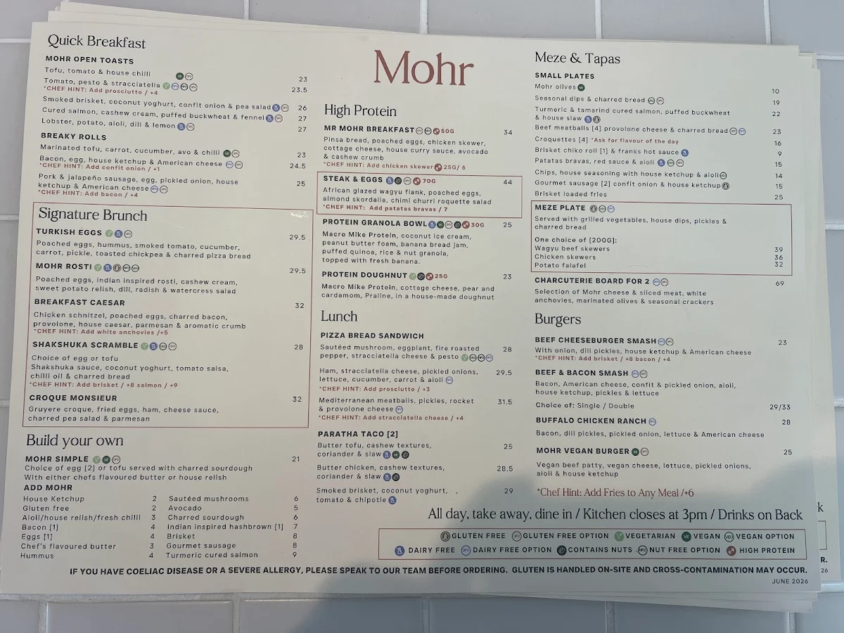 Menu, Mohr Cafe & Deli