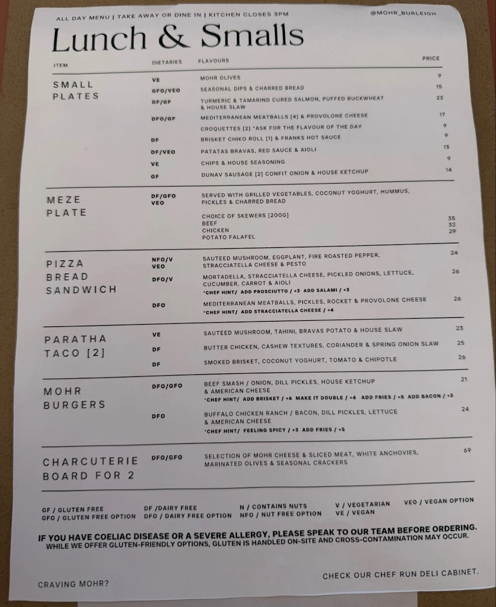 Menu, Mohr Cafe & Deli