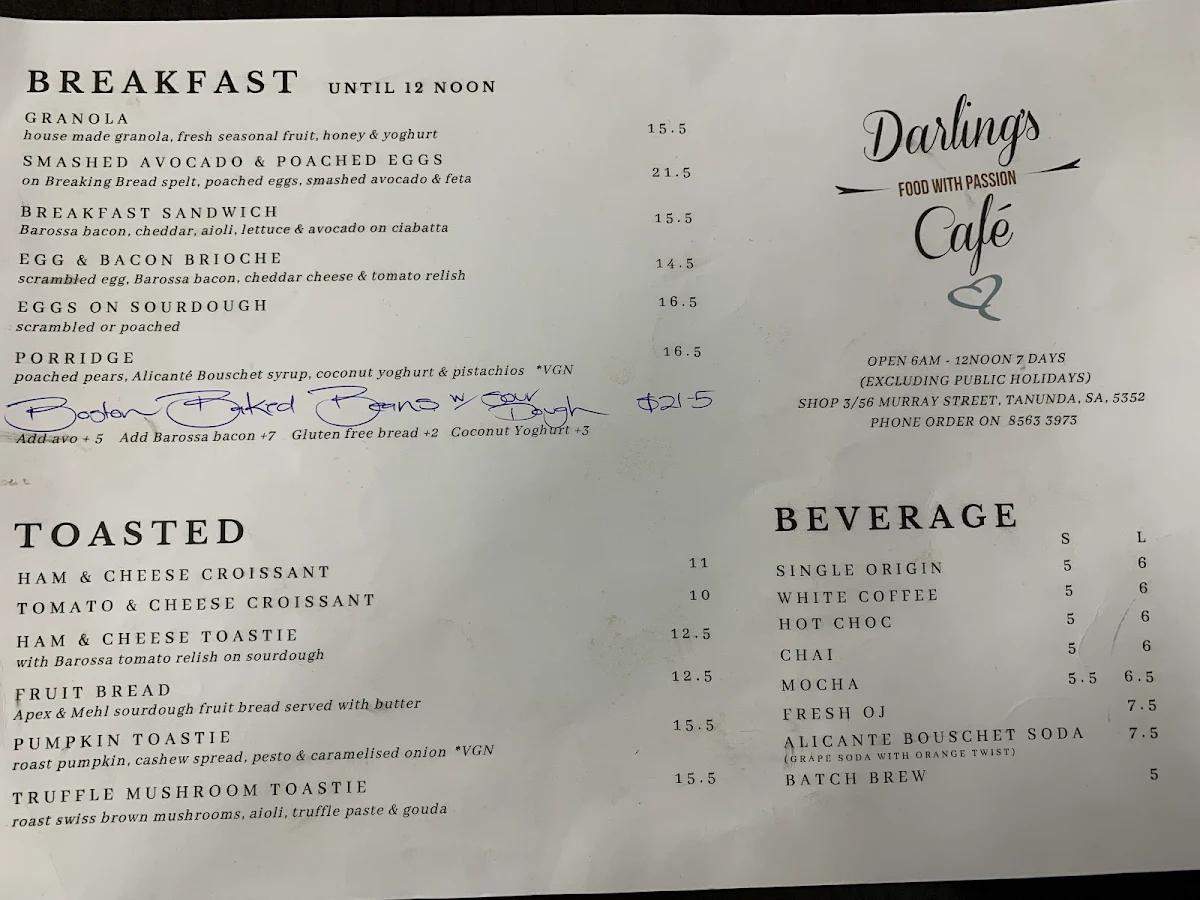 Menu, Darling's Food With Passion Cafe