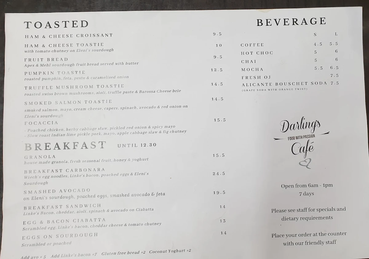 Menu, Darling's Food With Passion Cafe