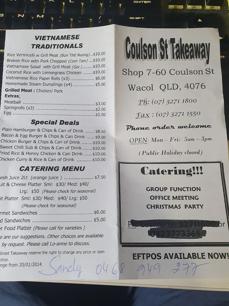 Menu, Coulson Street Takeaway & Carvery