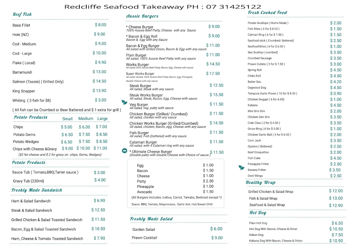 Menu, Redcliffe Seafood Takeaway