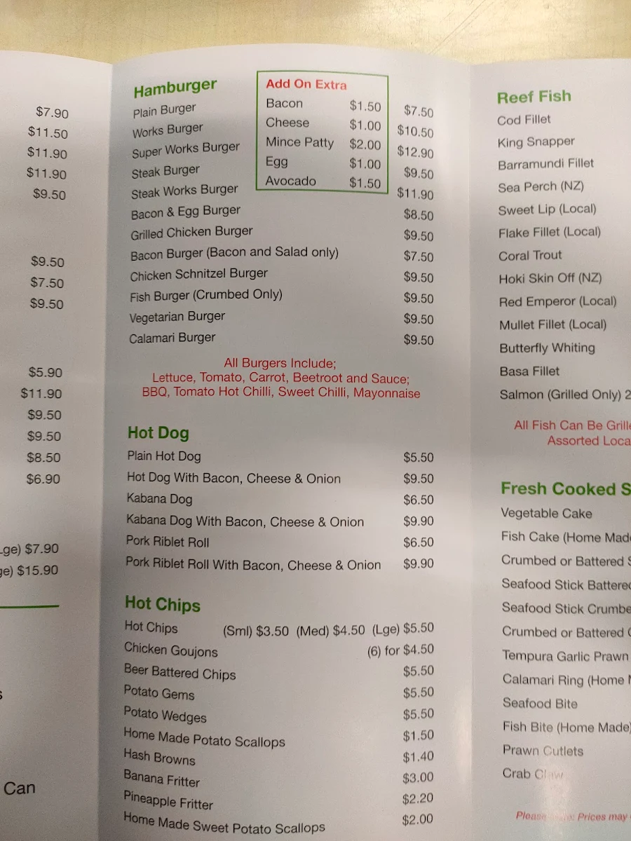 Menu, Redcliffe Seafood Takeaway