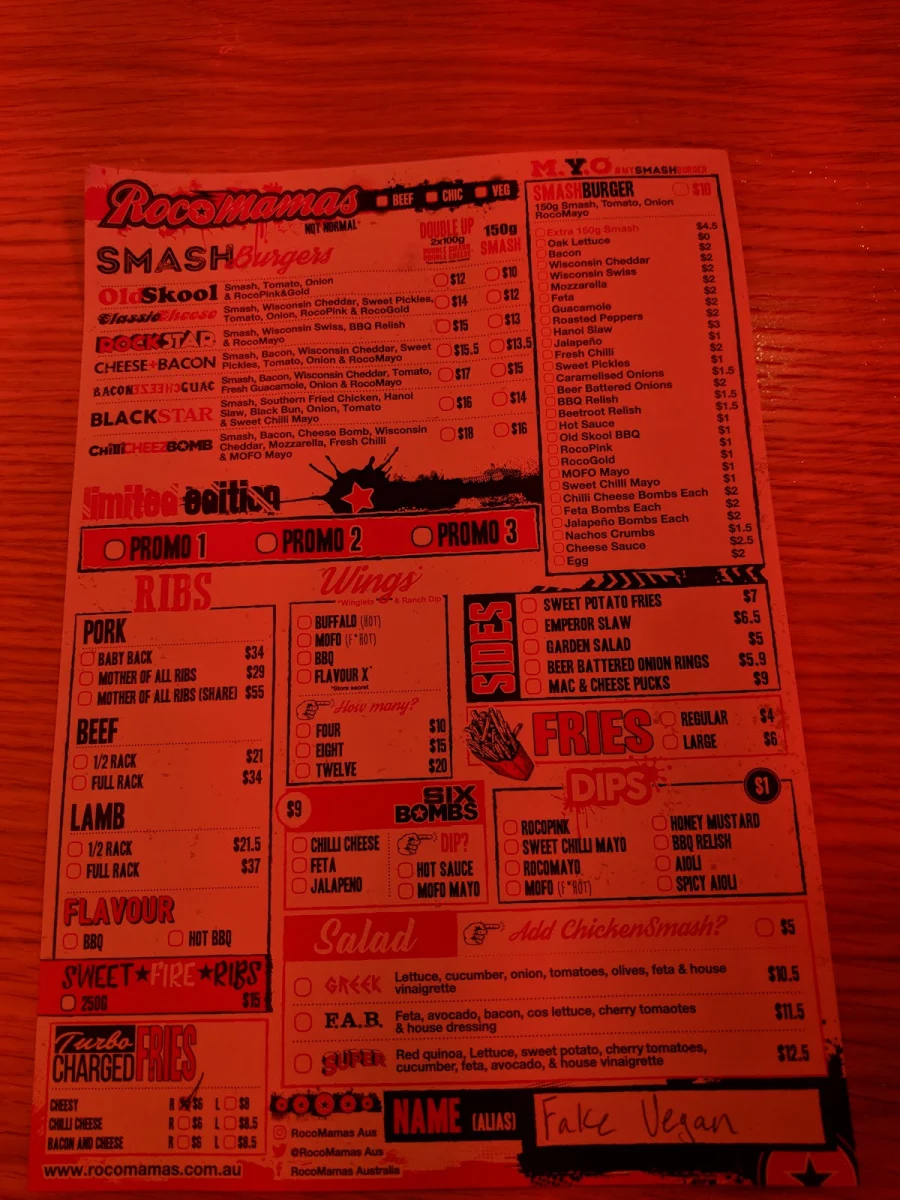 Menu, Somewhere Bar