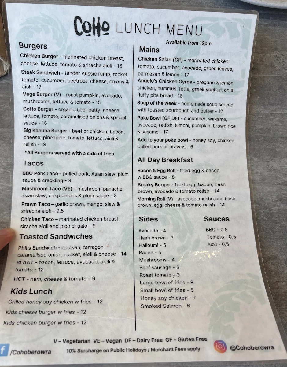 Menu, CoHo Berowra