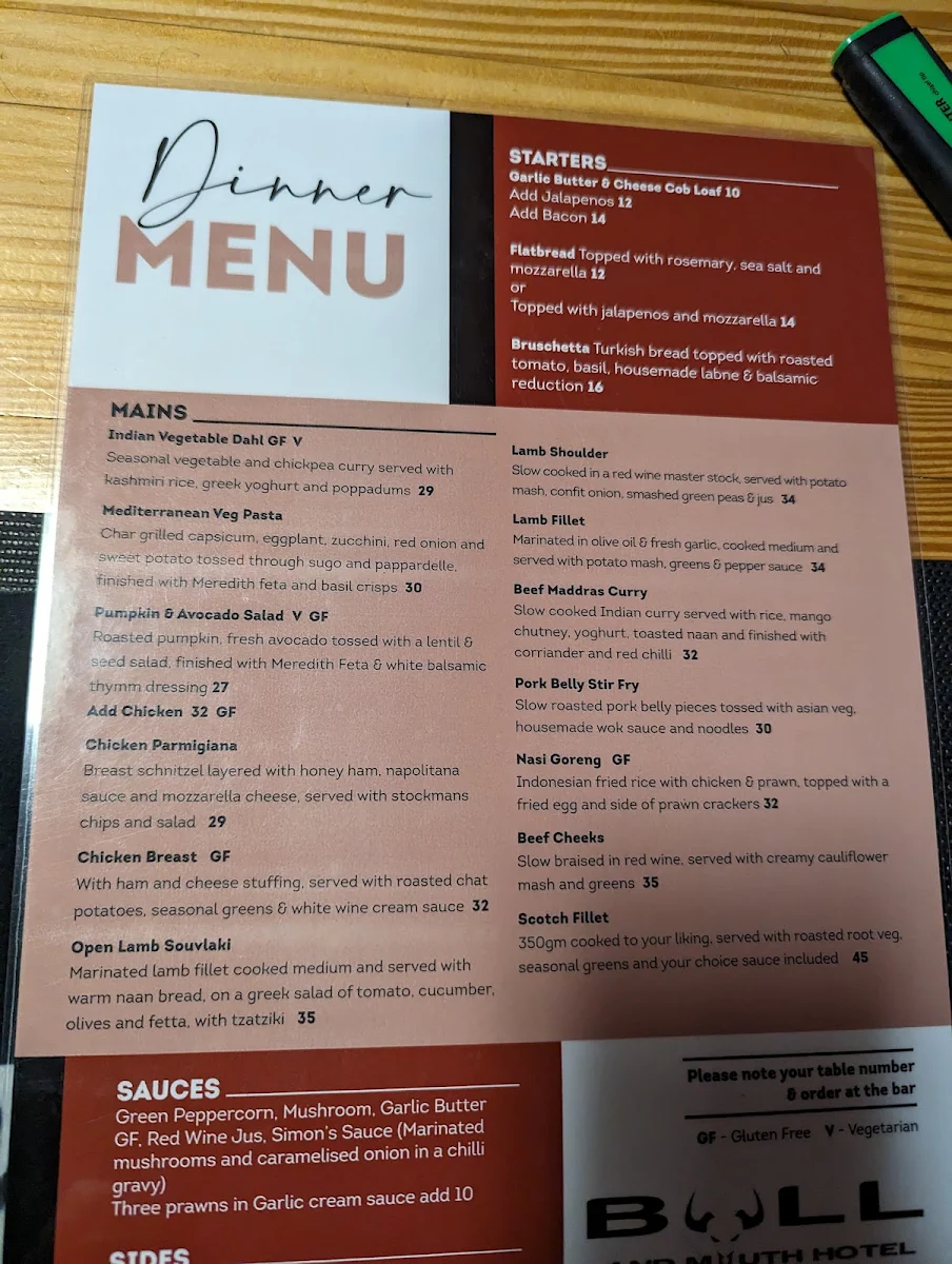 Menu, Bull & Mouth Hotel