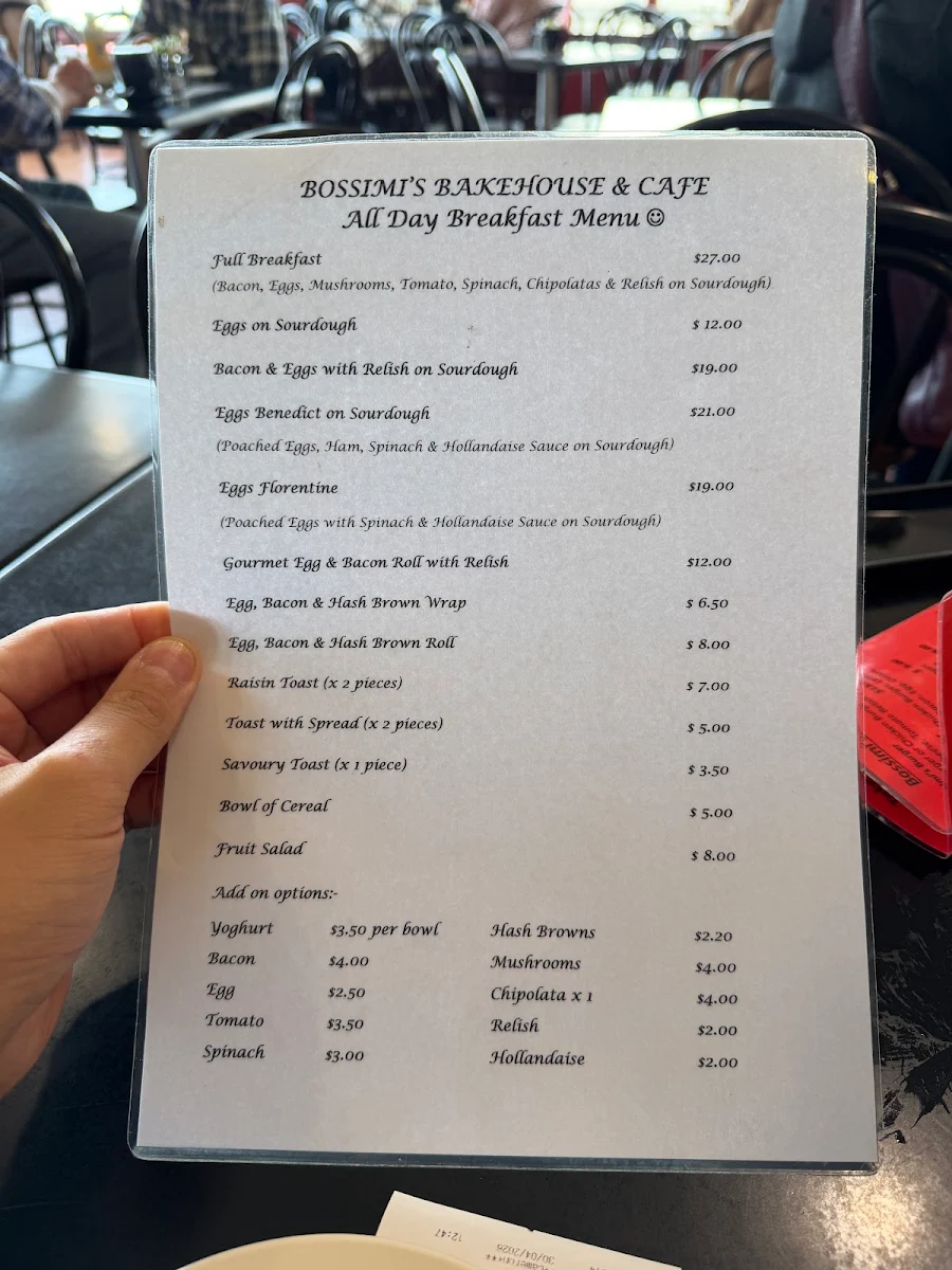 Menu, Bossimis Bakehouse & Café, Sheffield