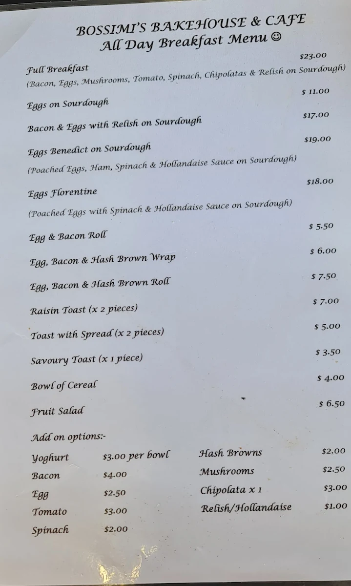 Menu, Bossimis Bakehouse & Café, Sheffield