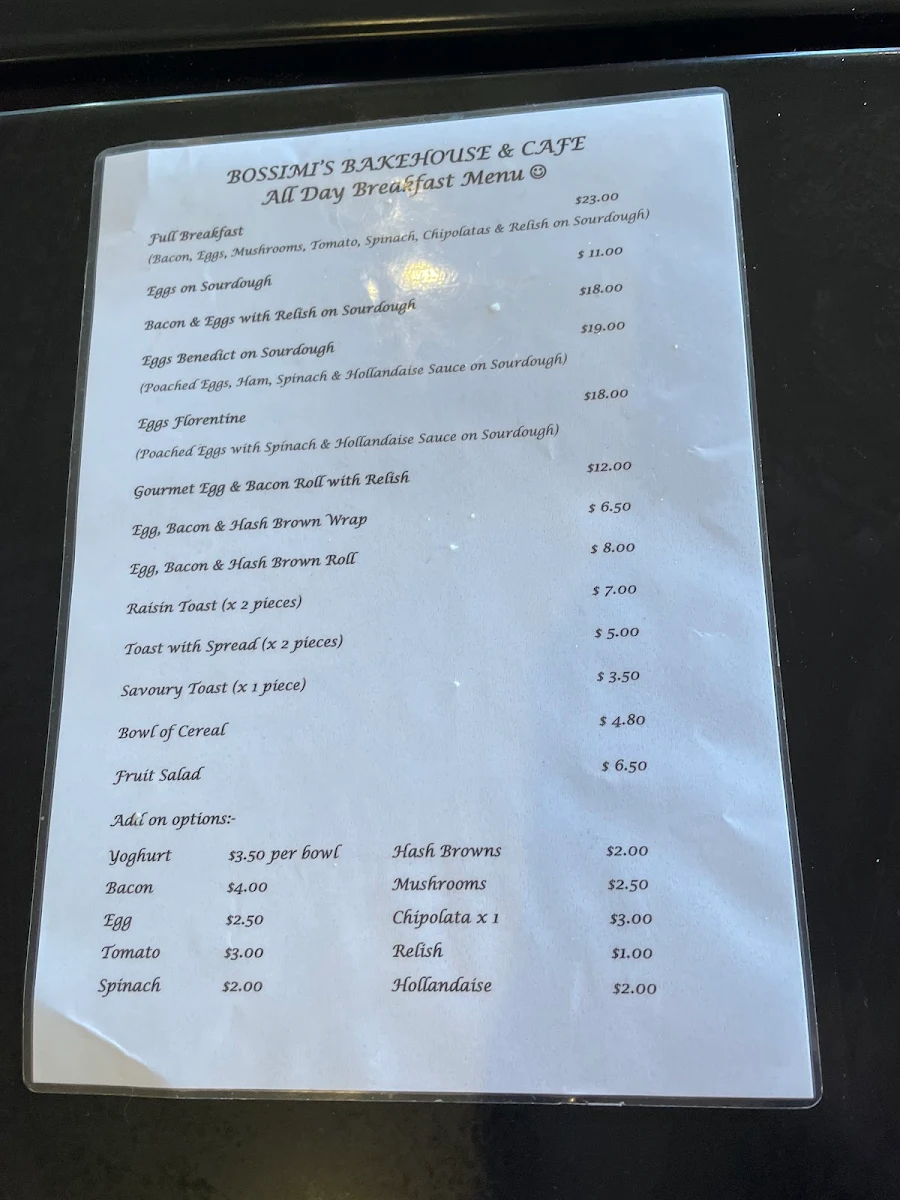 Menu, Bossimis Bakehouse & Café, Sheffield