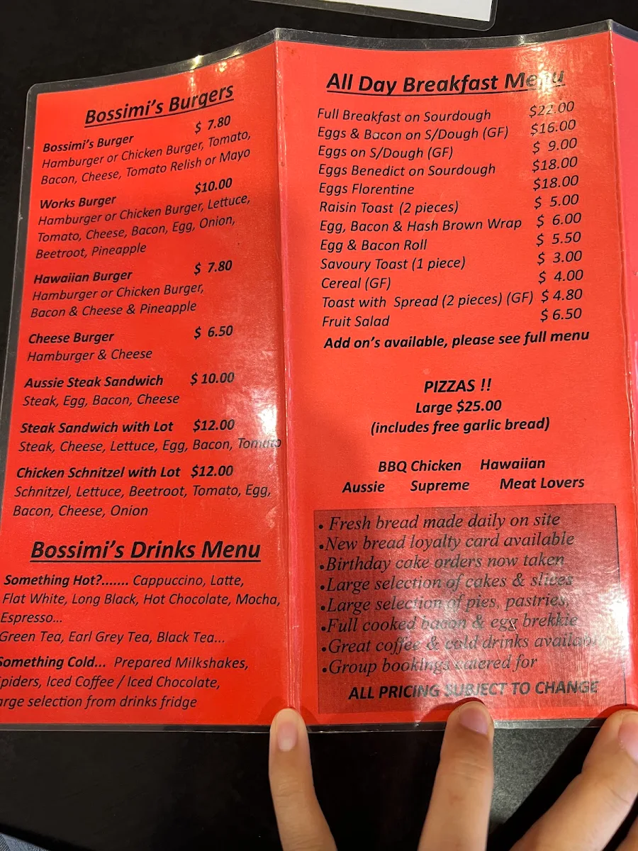 Menu, Bossimis Bakehouse & Café, Sheffield