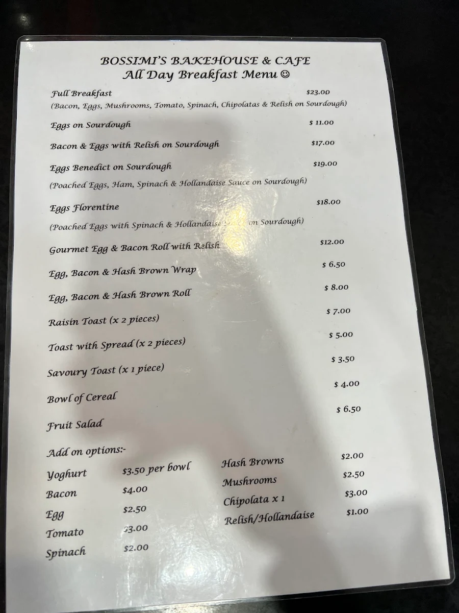 Menu, Bossimis Bakehouse & Café, Sheffield