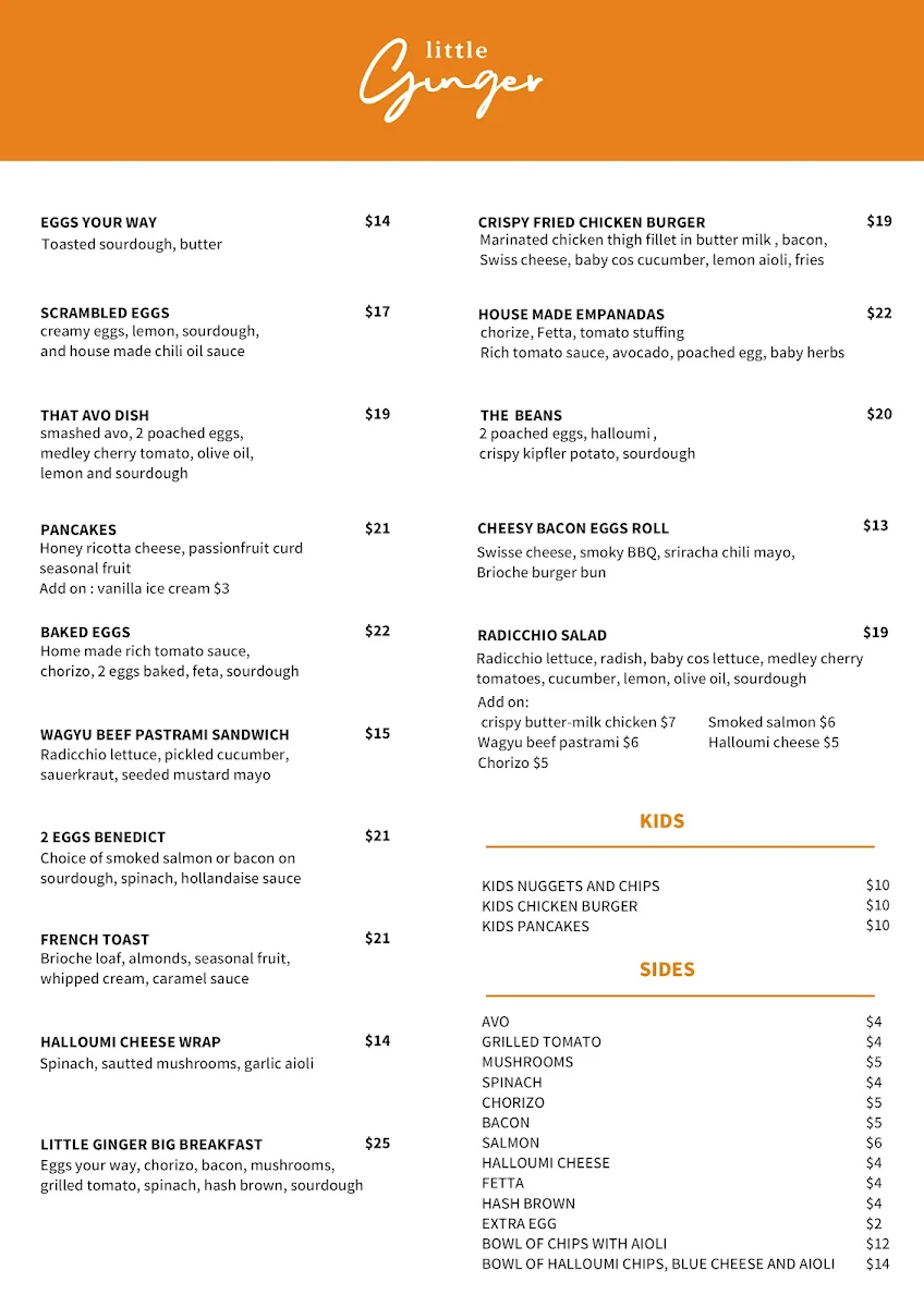 Menu, Little Ginger
