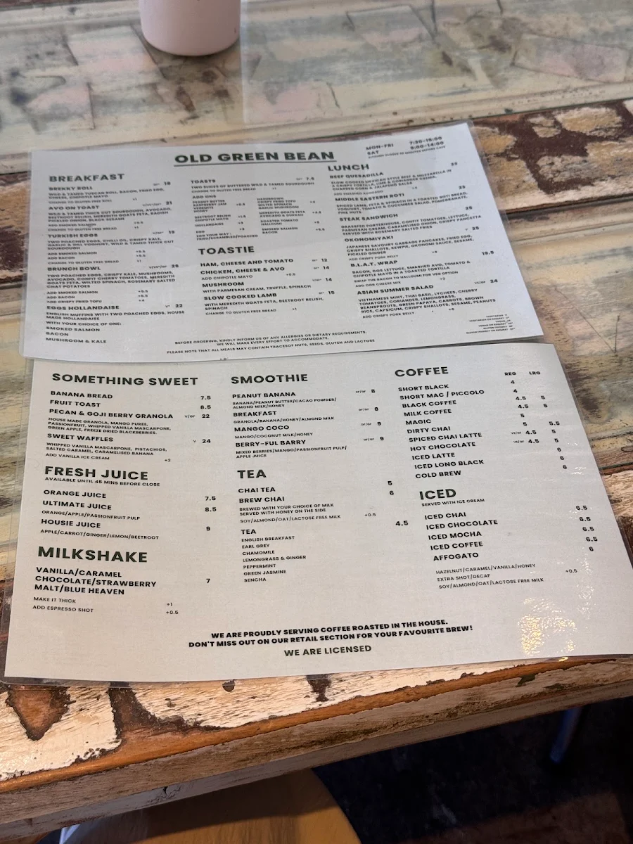 Menu, Old Green Bean