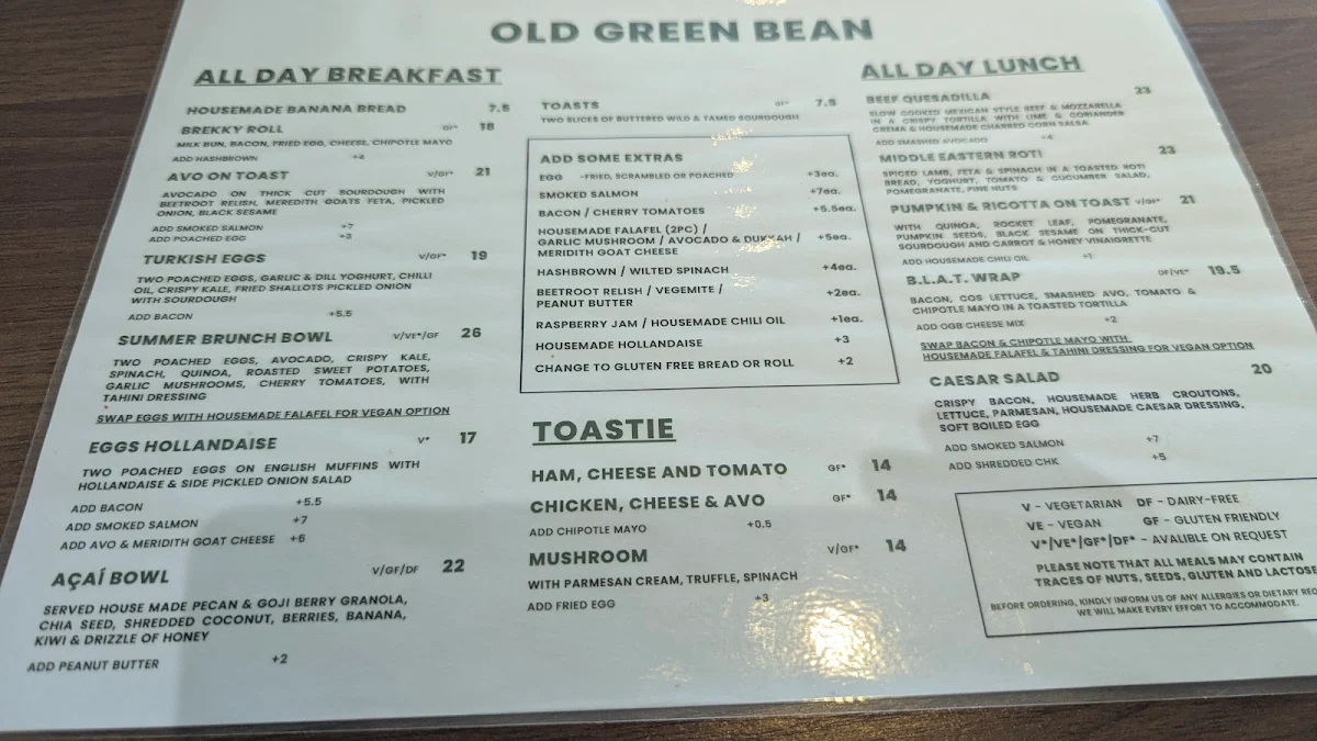 Menu, Old Green Bean