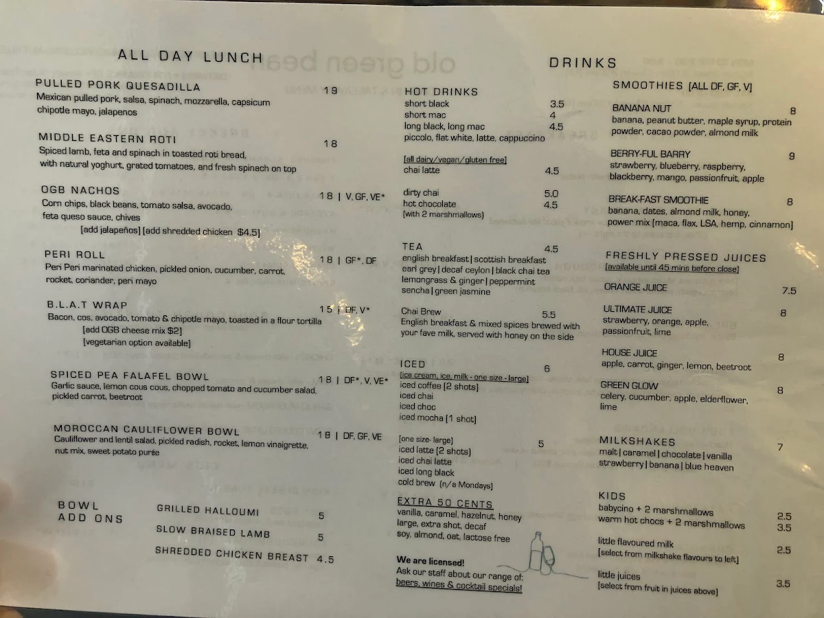 Menu, Old Green Bean