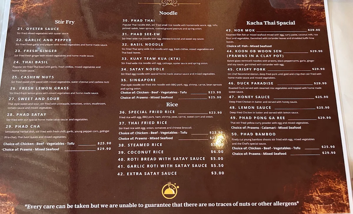 Menu, Kacha Thai Restaurant