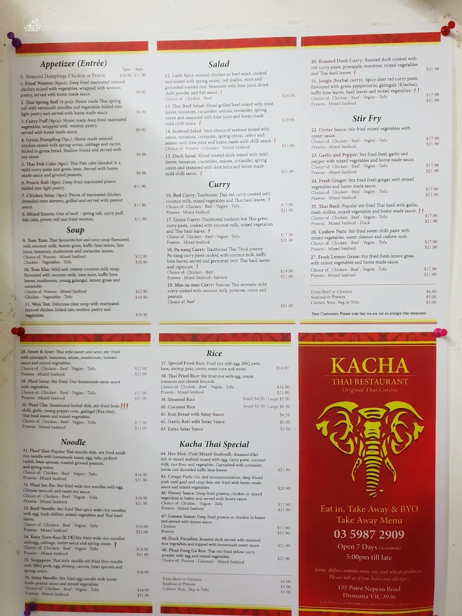Menu, Kacha Thai Restaurant