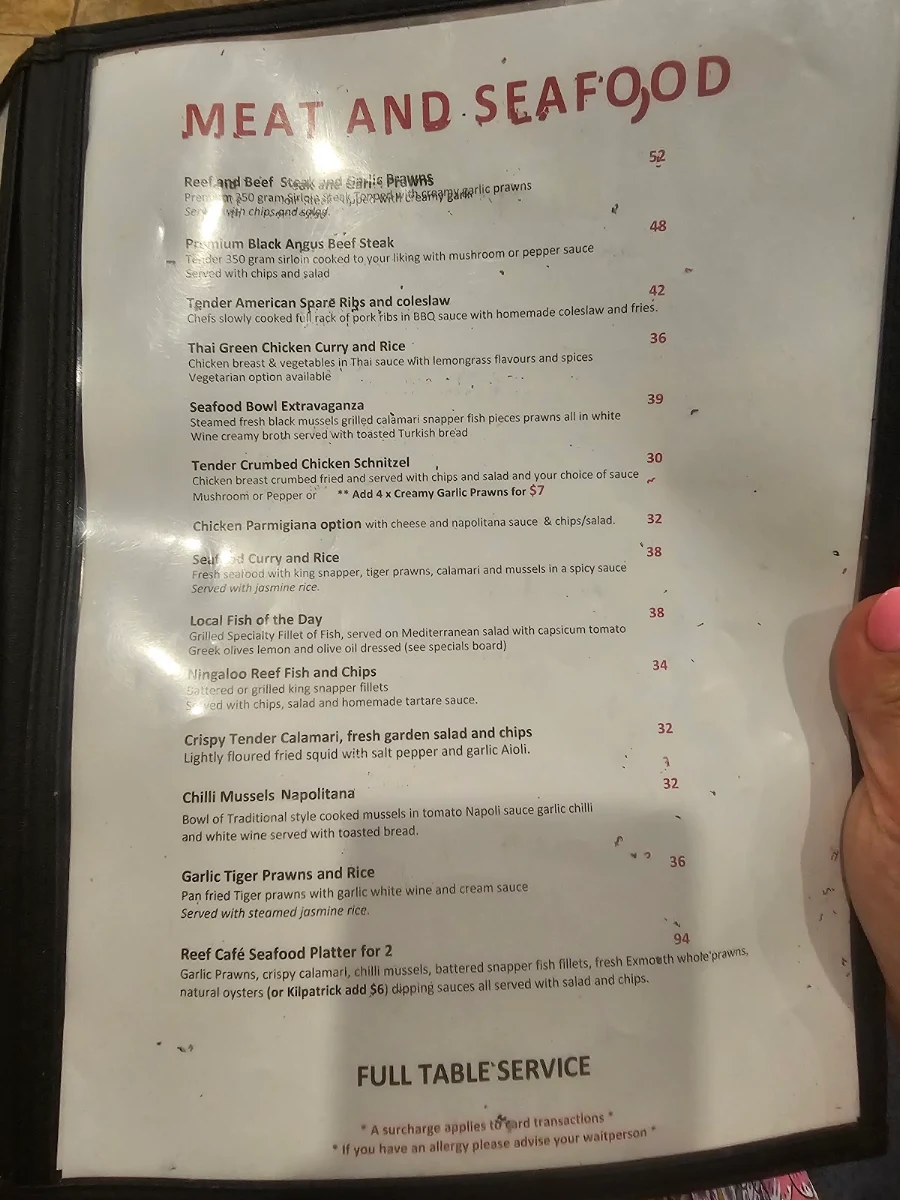 Menu, Reef Cafe
