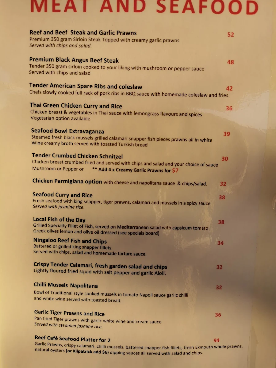 Menu, Reef Cafe