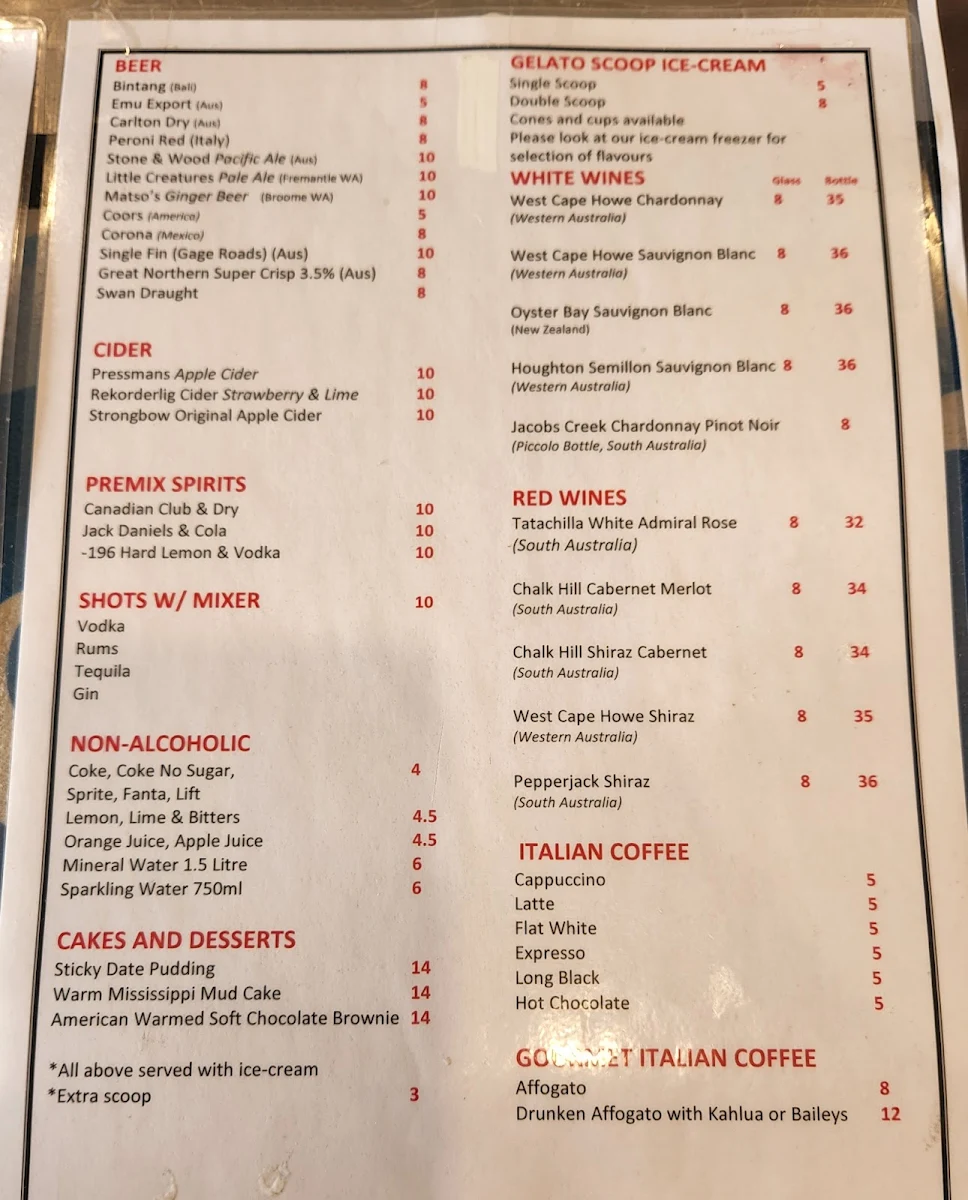 Menu, Reef Cafe