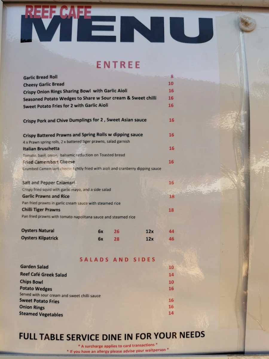 Menu, Reef Cafe