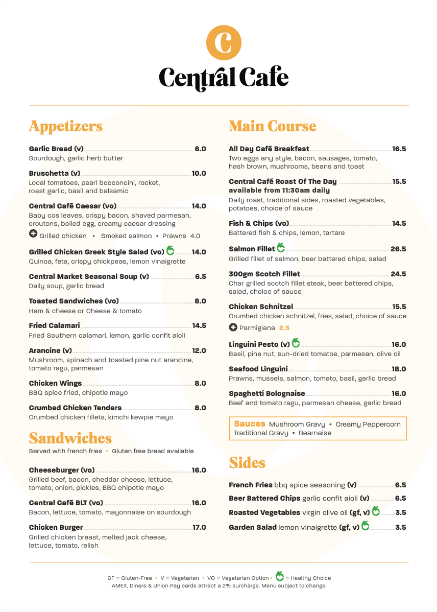 Menu, Central Café