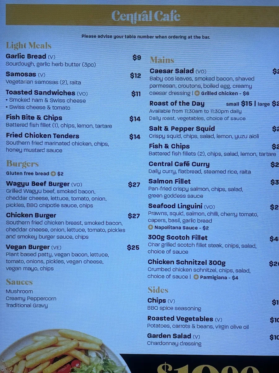 Menu, Central Café