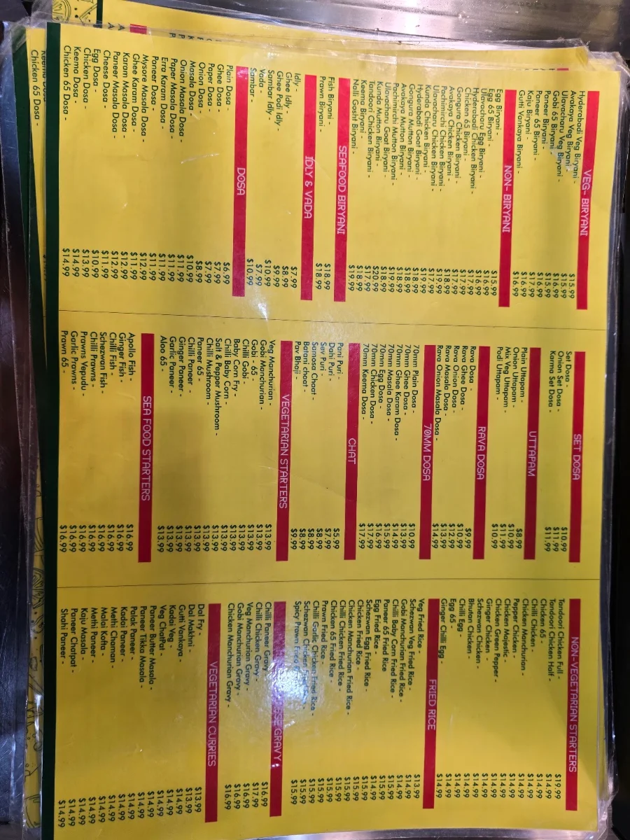 Menu, Sitara Biryani Point