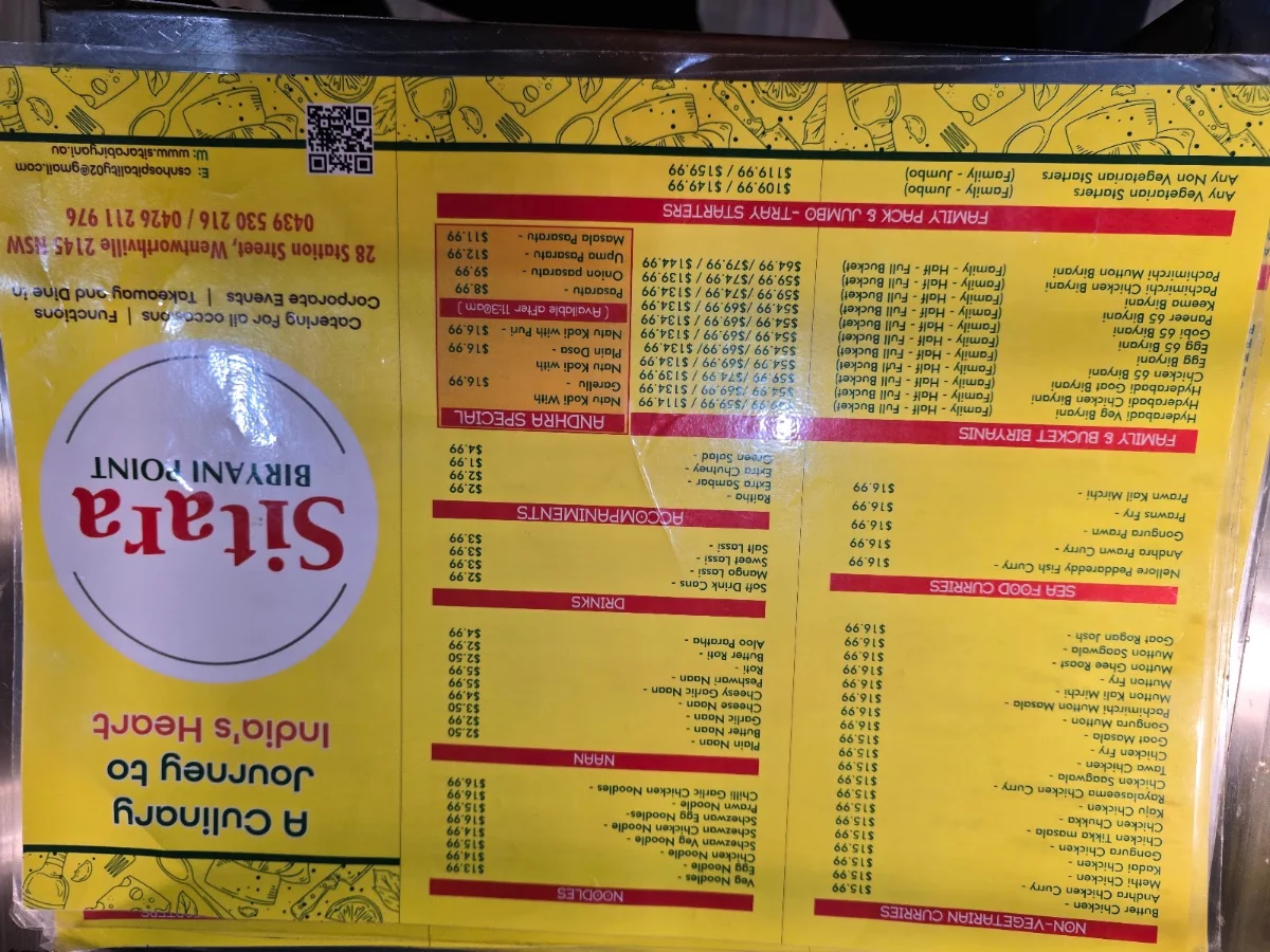 Menu, Sitara Biryani Point
