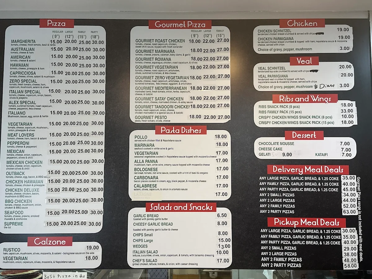 Menu, Zero Pizzeria