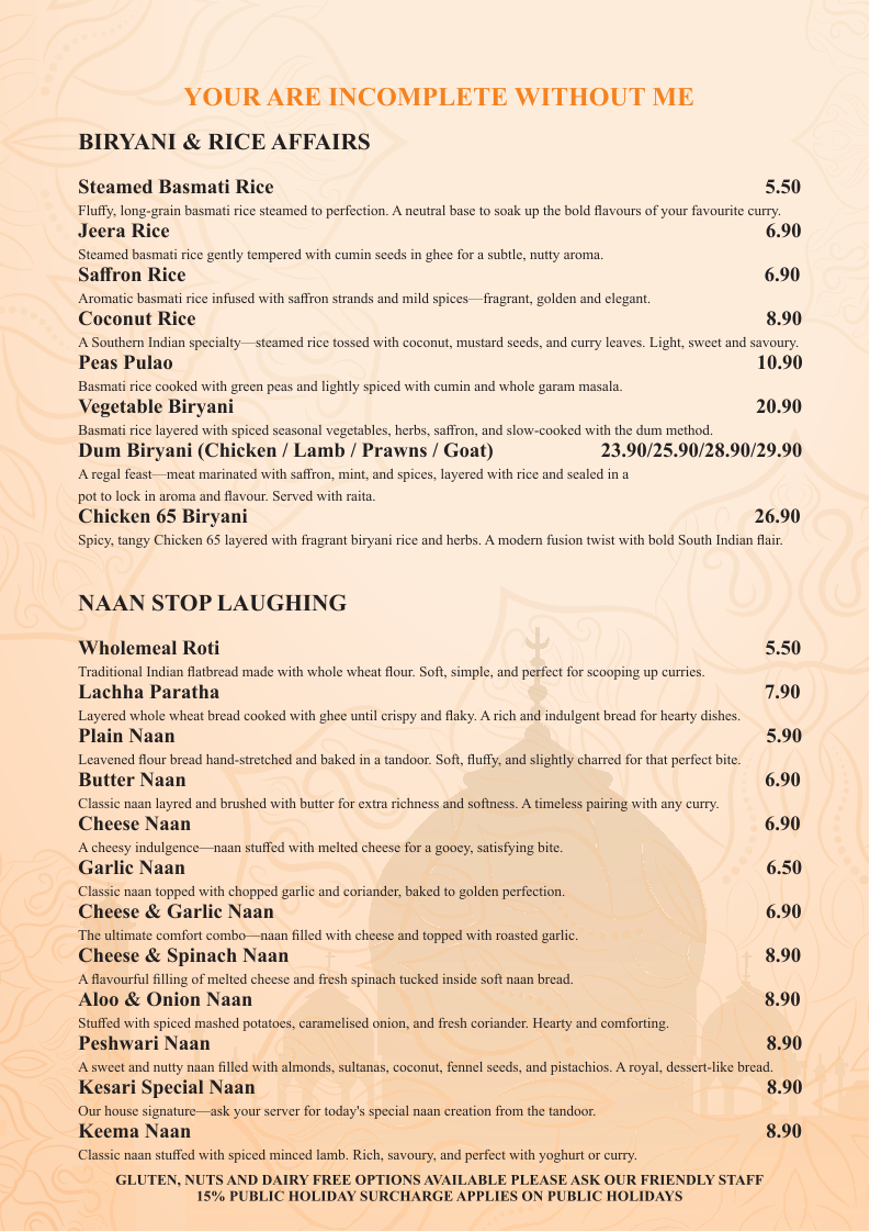 Menu, Kesari Infused Indian Cuisine-Hope Island