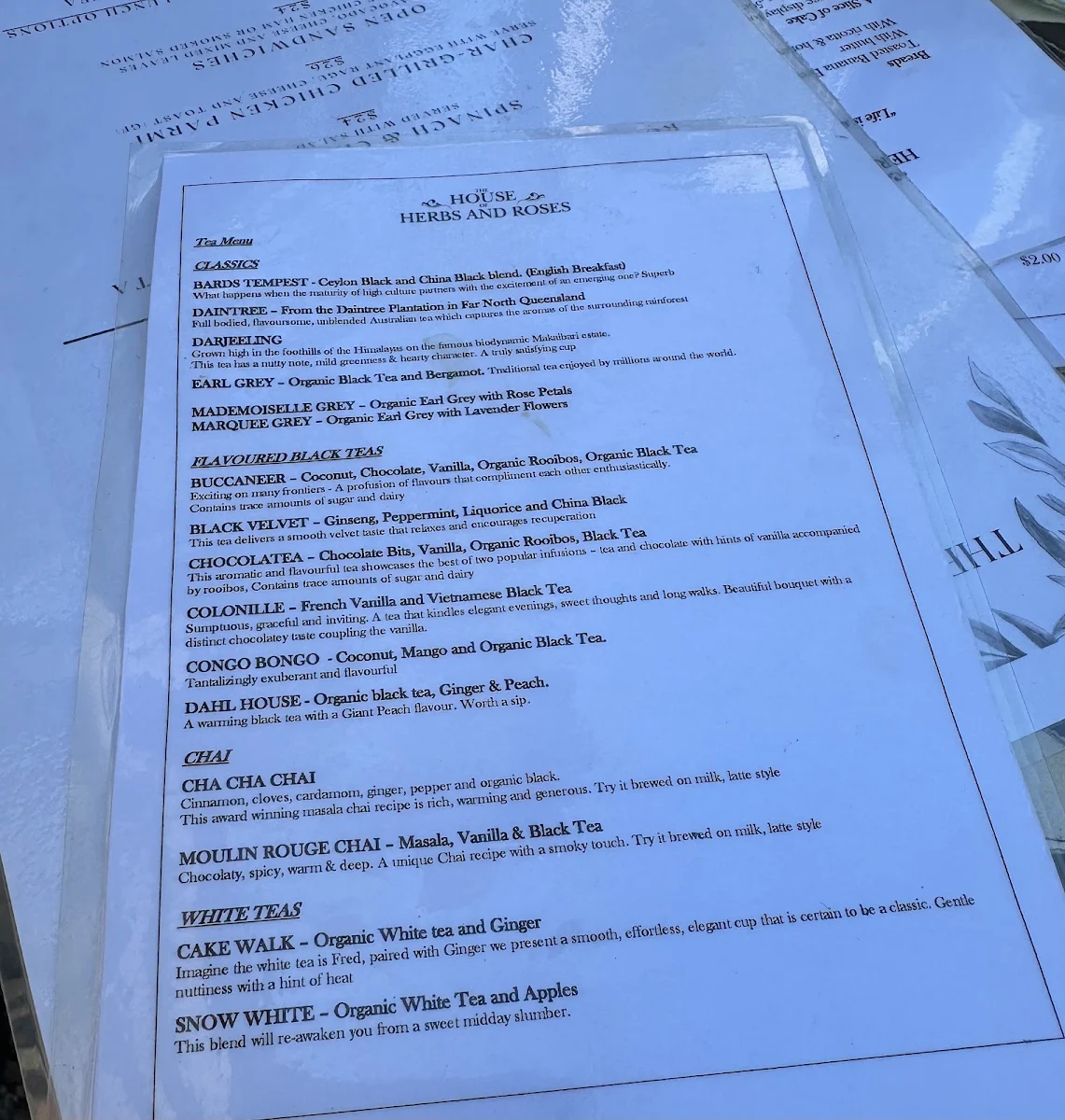 Menu, House of Herbs & Roses