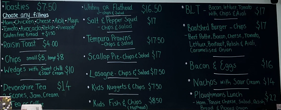 Menu, The Boatshed Cafe