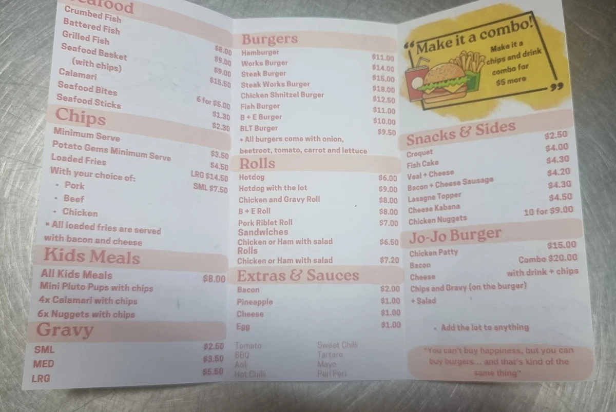 Menu, Jojo's Takeaway (bundamba)