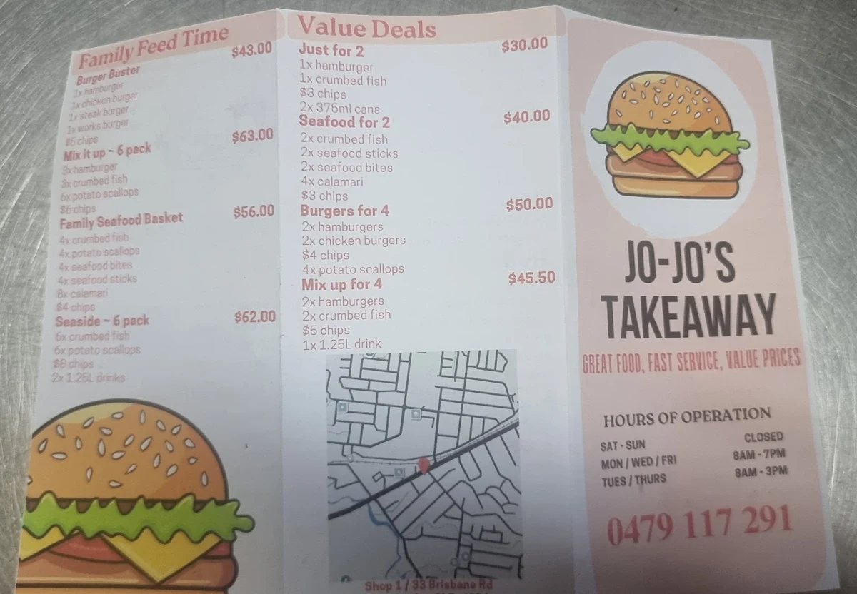 Menu, Jojo's Takeaway (bundamba)