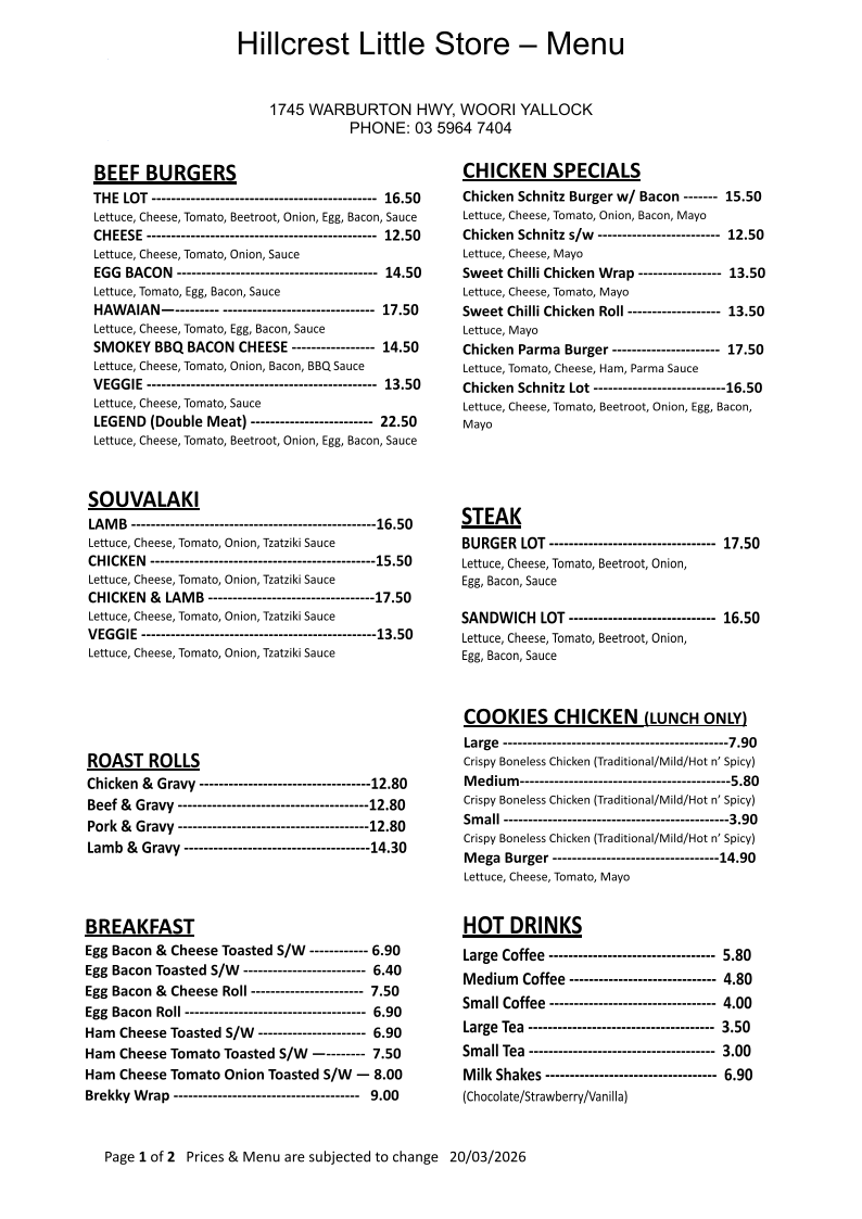 Menu, Hillcrest Little Store Great Food