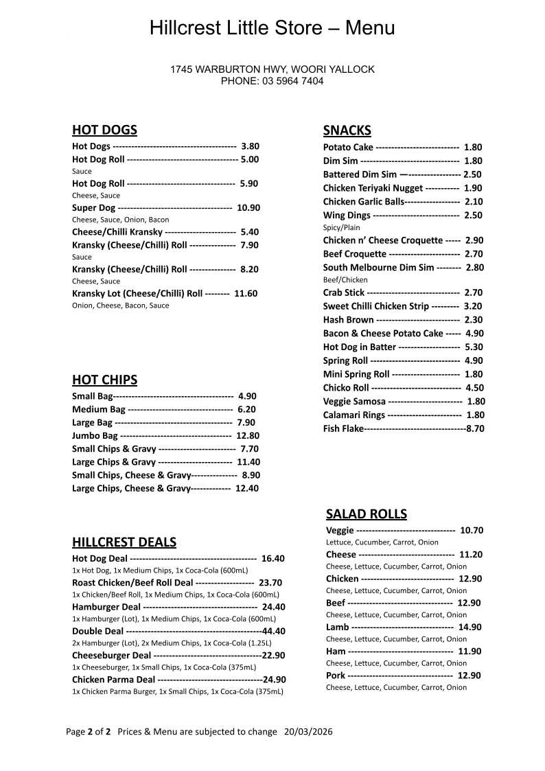 Menu, Hillcrest Little Store Great Food