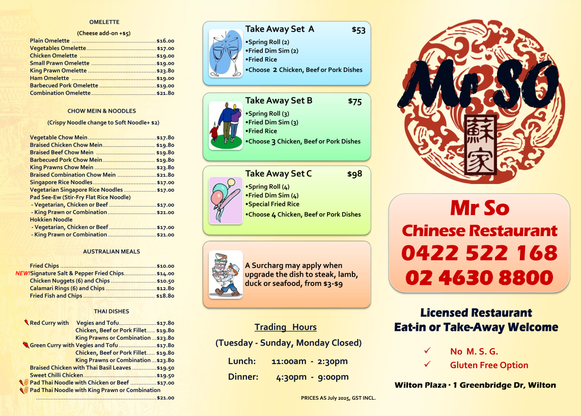 Menu, Mr So Chinese Restaurant