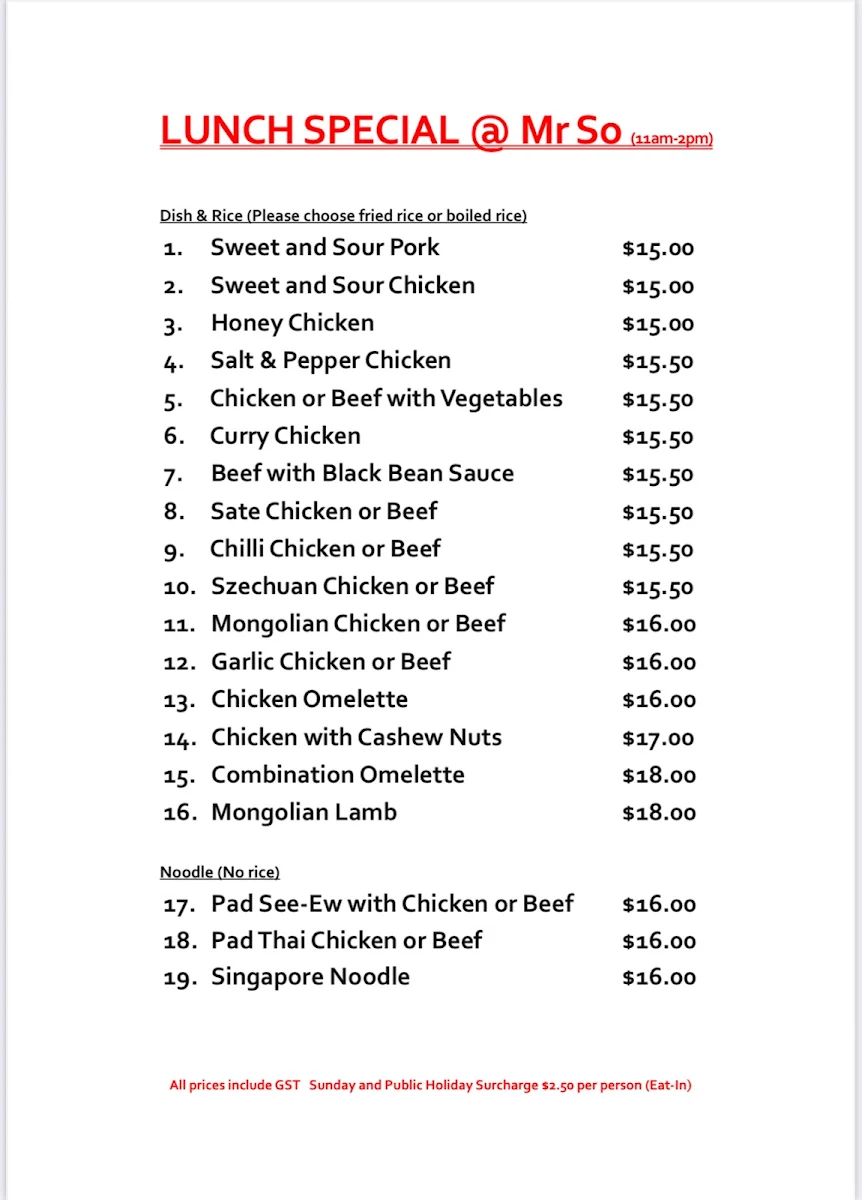 Menu, Mr So Chinese Restaurant