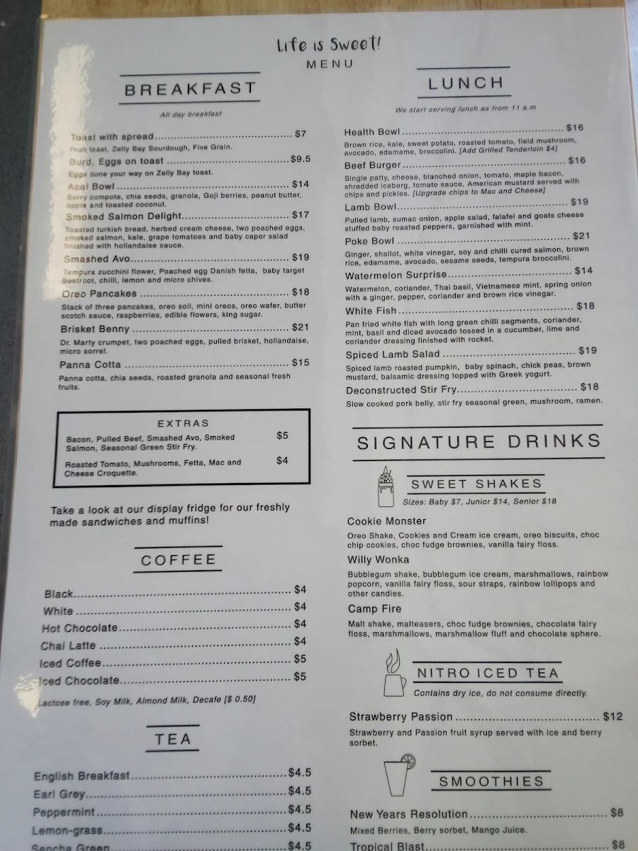 Menu, Sweet Espresso Cafe