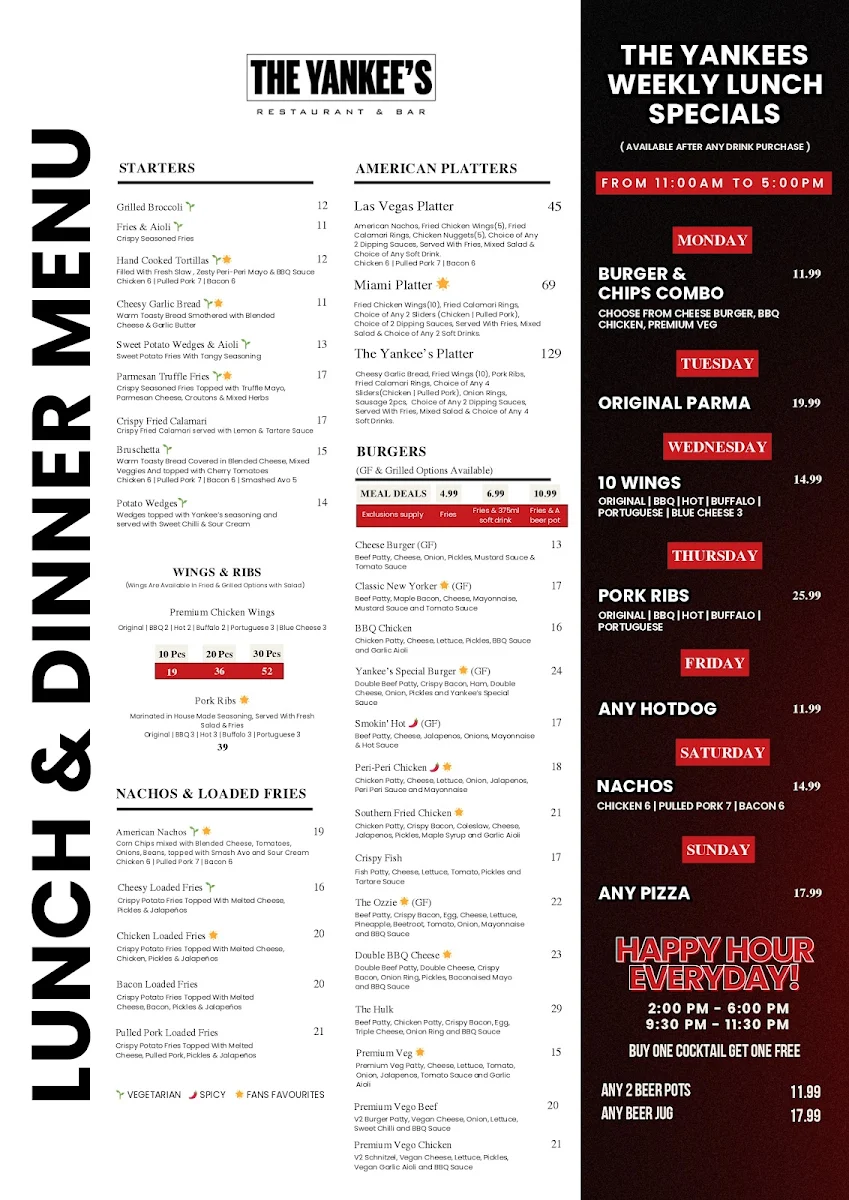 Menu, The Yankee's Restaurant & Bar - Melbourne CBD