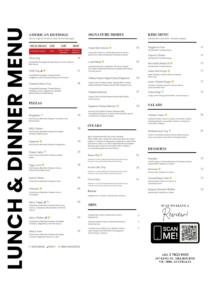 Menu, The Yankee's Restaurant & Bar - Melbourne CBD
