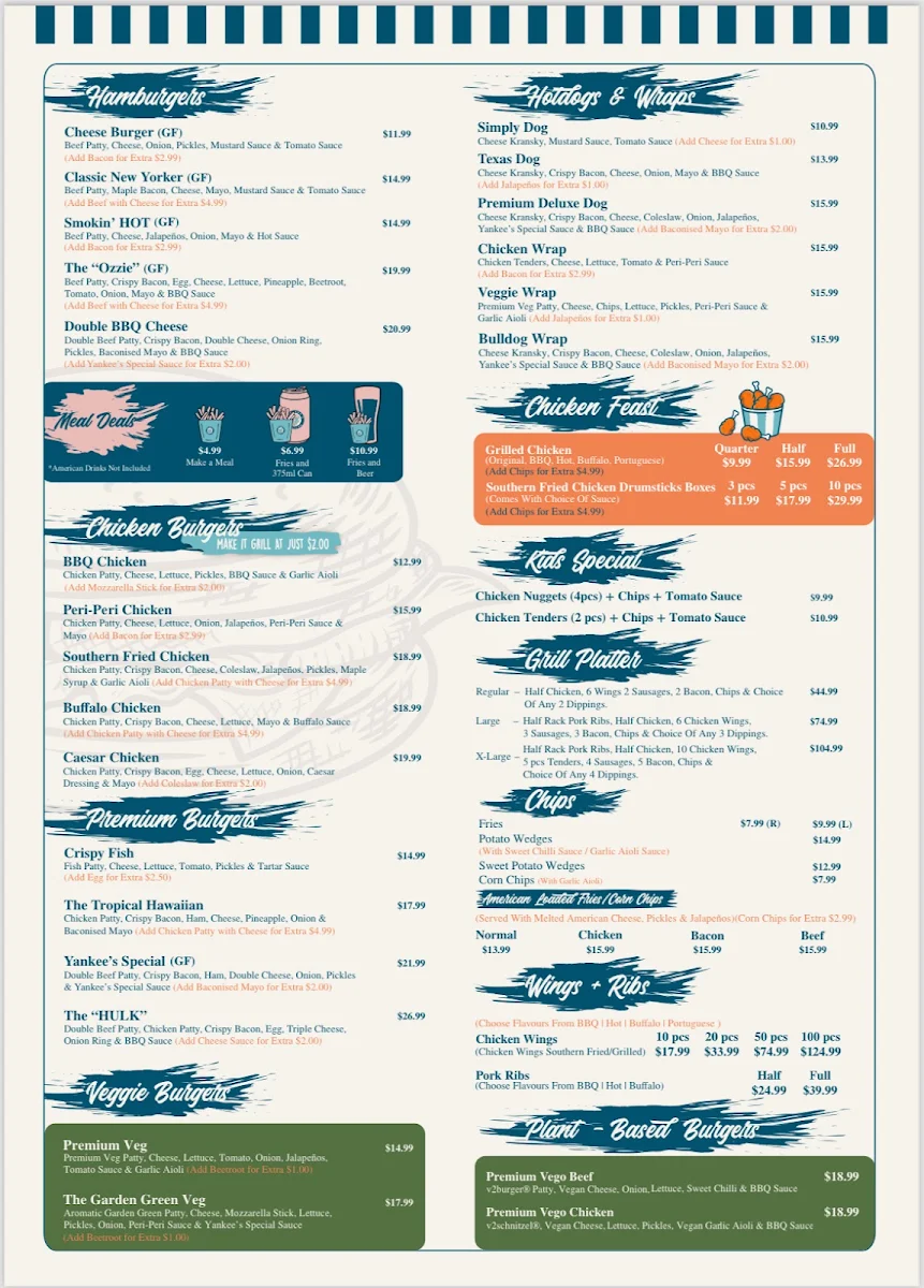 Menu, The Yankee's Restaurant & Bar - Melbourne CBD